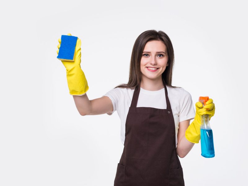 Young housewife cleaning with rug and detergent on white background